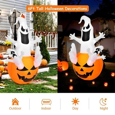 Costway 6FT Halloween Inflatable Ghost Pumpkin-Halloween Blow Up Yard Decoration 2 Costway 6FT Halloween Inflatable Ghost Pumpkin-Halloween Blow Up Yard Decoration - Image 2