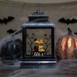 Northlight 11.5"Lighted Black Halloween Snow Globe Lantern with Pumpkin Couple