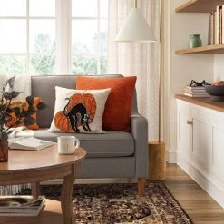 Embroidered and Appliqued Cat and Pumpkin Square Throw Pillow Almond/Orange - Threshold™