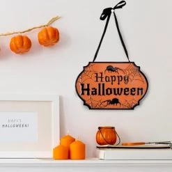 Northlight 10" Orange and Black "Happy Halloween" Cauldron Pot Metal Wall Sign