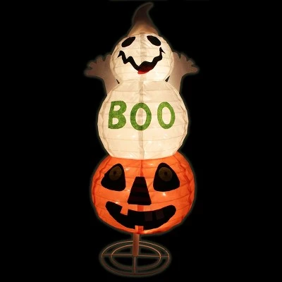 Northlight 37" Prelit "BOO" Ghost on Jack-o-Lantern Pumpkin Halloween Decoration - White/Orange 1 Northlight 37" Prelit "BOO" Ghost on Jack-o-Lantern Pumpkin Halloween Decoration - White/Orange