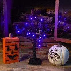 Spooky Central Halloween Tree LED Light Up Halloween Home Décor Decorations, Purple, 18 inches