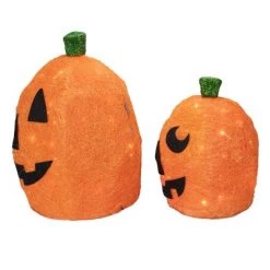 Northlight Set of 2 Orange Lighted Sisal Pumpkins Outdoor Halloween Decorations