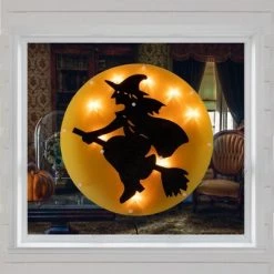 Northlight 13.75" Lighted Witch on Broomstick Halloween Window Silhouette