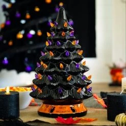 Best Choice Products Pre-Lit 15in Ceramic Halloween Tree Holiday Decoration w/ Orange & Purple Bulb Lights
