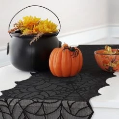 Crawling Halloween Spider Lace Table Runner - 13" x 70" - Black - Elrene Home Fashions
