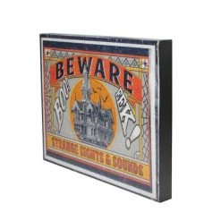 Raz Imports 18" Halloween Stamped “BEWARE” Metal Wall Art - Orange/Gray