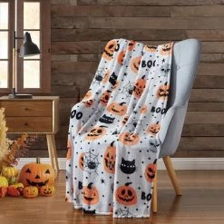 Kate Aurora Halloween Boo! Jack O Lanterns & Spooky Cats Oversized Accent Throw Blanket - 50 in. W x 70 in. L