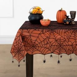 Crawling Halloween Spider Lace Lined Tablecloth - Black/Orange - Elrene Home Fashions