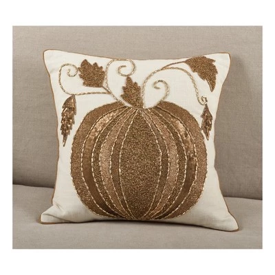 18"x18" Beaded Thanksgiving Pumpkin Design Cotton Square Throw Pillow Gold - Saro Lifestyle 2 18"x18" Beaded Thanksgiving Pumpkin Design Cotton Square Throw Pillow Gold - Saro Lifestyle - Image 2