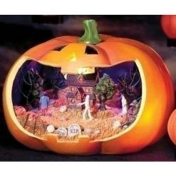 Roman 7.25" Prelit Battery Operated Musical Rotating Jack-O-Lantern Pumpkin Halloween Decoration - Orange
