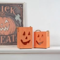 Northlight 8" Large Orange Wood Jack O Lantern Halloween Candle Lantern