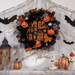 Northlight Orange and Black Haunted House Halloween Wreath, 24-Inch, Unlit