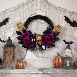 Northlight Skull with Hands and Purple Roses Halloween Twig Wreath, 22-Inch, Unlit