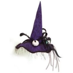 Melrose 22" Witch Hat with Pumpkins, Feathers and Lace Halloween Deoration - Purple/Black