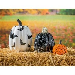 Evergreen Enterprises Inc Halloween 8.75" Printed Ceramic Pumpkins Set/3 Bats Stars Swirls - Decorative Figurines -Halloween Decorations Sales Store unnamed file 3418