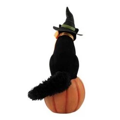 Bethany Lowe Designs Halloween 14.5" Black Cat On Jack O' Lantern Witch Flocked Pumpkin - Decorative Figurines