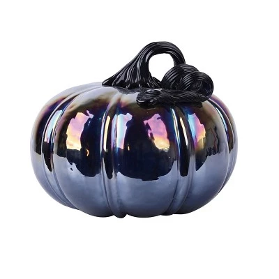 Transpac Glass 6.89 in. Black Halloween Iridescent Pumpkin Accent 1 Transpac Glass 6.89 in. Black Halloween Iridescent Pumpkin Accent