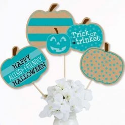 Big Dot of Happiness Teal Pumpkin - Halloween Allergy Friendly Trick or Trinket Centerpiece Sticks - Table Toppers - Set of 15