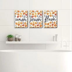 Big Dot of Happiness Fall Pumpkin - Halloween or Thanksgiving Kids Bathroom Rules Wall Art - 7.5 x 10 inches - Set of 3 Signs - Wash, Brush, Flush