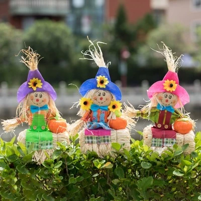 Gardenised Outdoor Fall Decor Halloween Scarecrow for Garden Ornament Sitting on Hay Bale, Straw Multicolor, Set of 3, 12 in. 1 Gardenised Outdoor Fall Decor Halloween Scarecrow for Garden Ornament Sitting on Hay Bale, Straw Multicolor, Set of 3, 12 in.