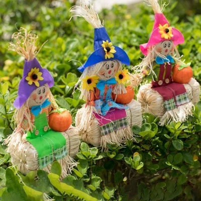 Gardenised Outdoor Fall Decor Halloween Scarecrow for Garden Ornament Sitting on Hay Bale, Straw Multicolor, Set of 3, 12 in. 6 Gardenised Outdoor Fall Decor Halloween Scarecrow for Garden Ornament Sitting on Hay Bale, Straw Multicolor, Set of 3, 12 in. - Image 6