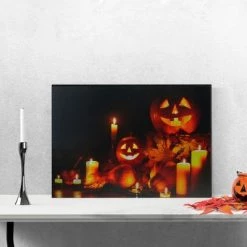 Northlight LED Lighted Jack-O-Lanterns and Leaves Halloween Canvas Wall Art 15.75" x 23.5"