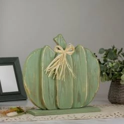 Northlight 14.5" Green Wooden Fall Harvest Table Top Pumpkin with Bow