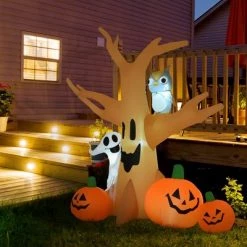 HomCom 7.5' Tall Outdoor Lighted Inflatable Halloween Decoration - Haunted Tree With Owl / Ghost / Pumpkins